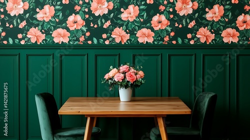 Obraz na płótnie Elegant interior featuring floral wallpaper, wood table with floral arrangement, and green paneled wall creating stylish ambiance. w salonie