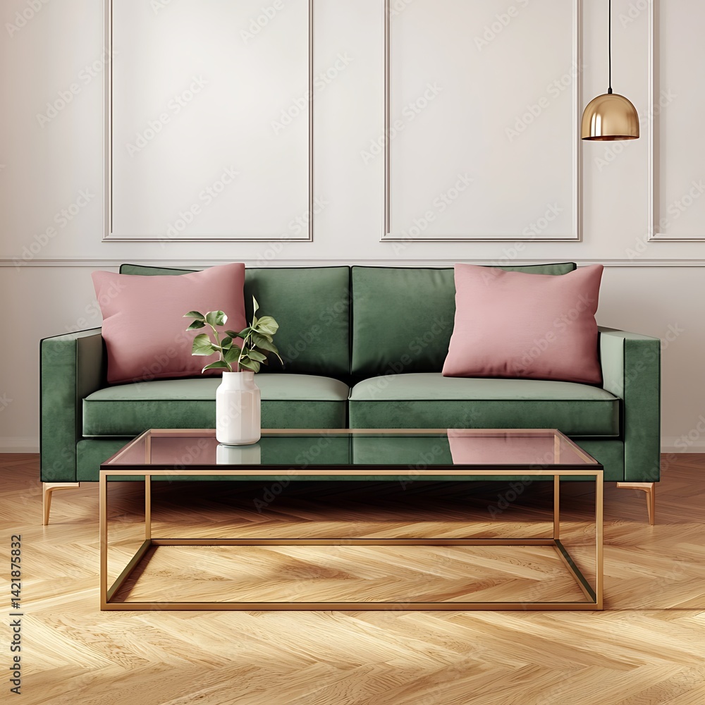 Elegant Interior: Green Couch, Modern Coffee Table, Pink Cushions, Stylish Lighting, and Natural Wood Flooring for Home Decor Inspiration.