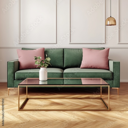 Obraz na płótnie Elegant Interior: Green Couch, Modern Coffee Table, Pink Cushions, Stylish Lighting, and Natural Wood Flooring for Home Decor Inspiration. w salonie