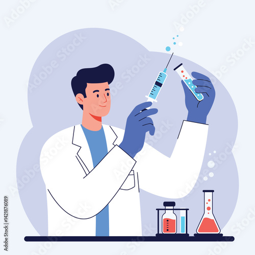 Scientist conducting experiment with syringe and test tube in laboratory environment vector illustration 