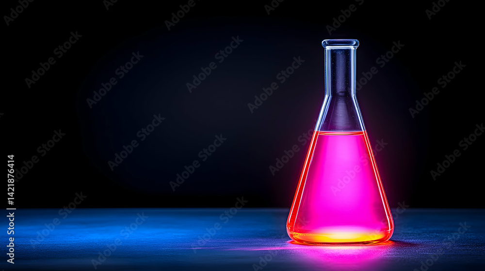 Glowing Pink Liquid in Erlenmeyer Flask on Dark Background Glowing Pink Liquid in Erlenmeyer Flask on Dark Background