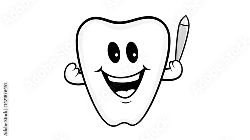 Professional freehand drawn black and white cartoon toothbrush illustration for dental hygiene concepts