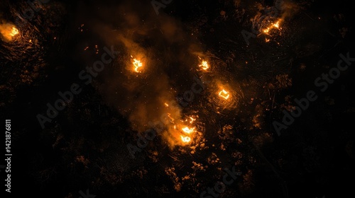 Night fire in the forest with fire and smoke.Epic aerial photo of a smoking wild flame.A blazing,glowing fire at night.Forest fires.Dry grass is burning. climate change,ecology.Line fire in the dark.