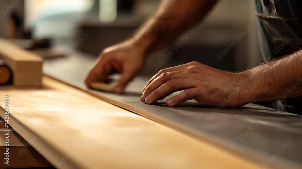Carpenter Working with Wood in Workshop Carpenter Working with Wood in Workshop