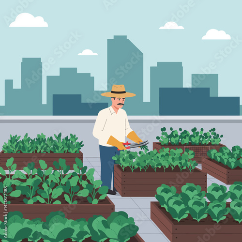 Urban rooftop garden with man trimming plants in raised beds against city skyline vector illustration 