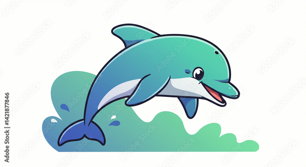 Fototapeta premium Cartoon Dolphin Jumping Over Water with Happy Expression