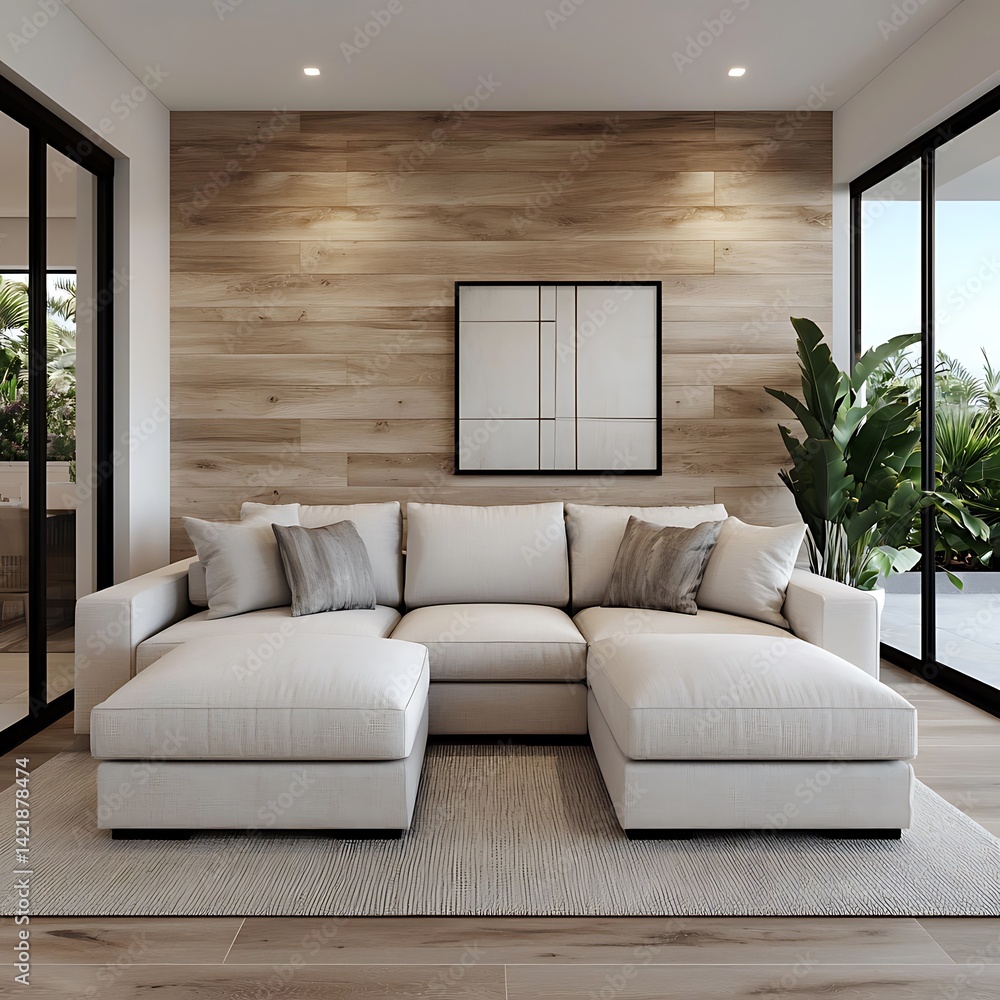 Elegant Living Room with Large Sectional Sofa, Wood Wall, Natural Light, and Modern Home Interior Design.