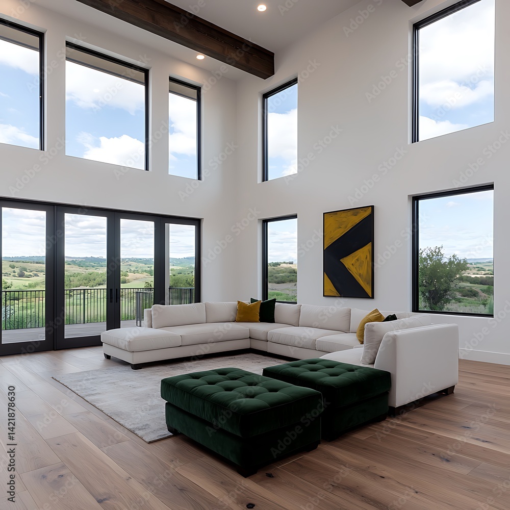 Elegant Living Space with High Ceilings, Expansive Windows, Cream Sectional, and Green Ottomans Showcasing Interior Design