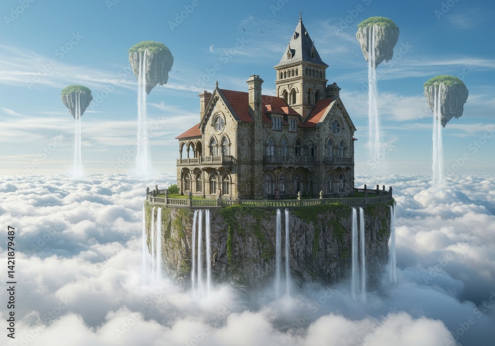 Obraz premium Grand mansion perched high above the clouds with ethereal waterfall formations
