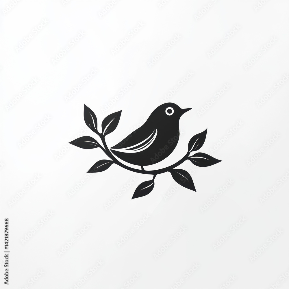 Fototapeta premium Bird Perched on a Branch with Leaves, Minimalist Symbol for Nature, Wildlife, or Environmental Brand