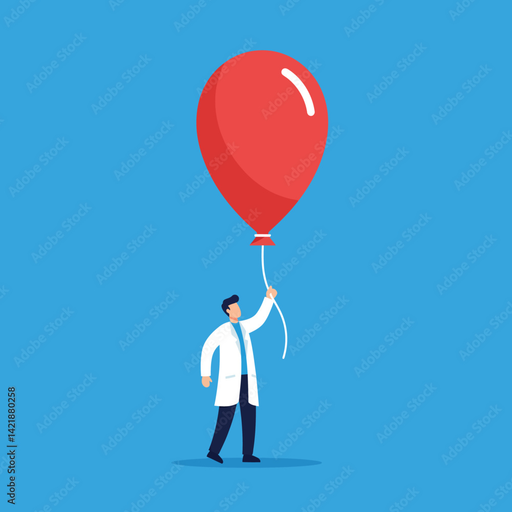 Man in white coat holding large red balloon on blue background vector illustration Man in white coat holding large red balloon on blue background vector illustration