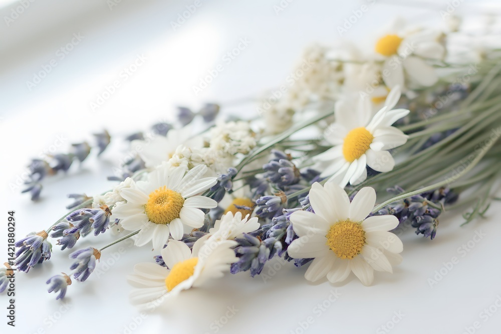 Obraz premium Bright White Surface with Scattered Summer Floral Arrangement