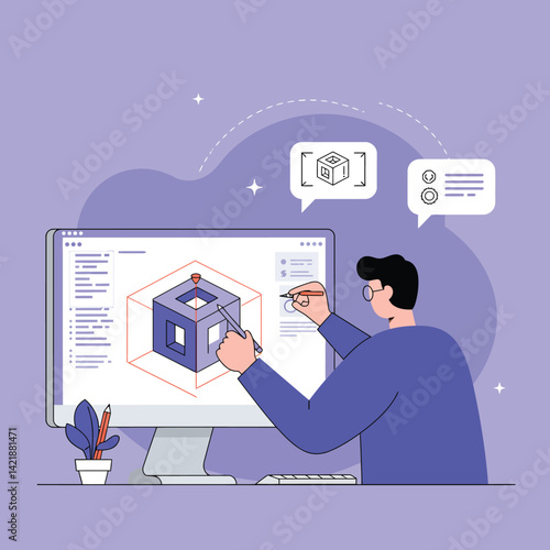 3D modeling software user designing geometric cube on computer screen with purple background vector illustration