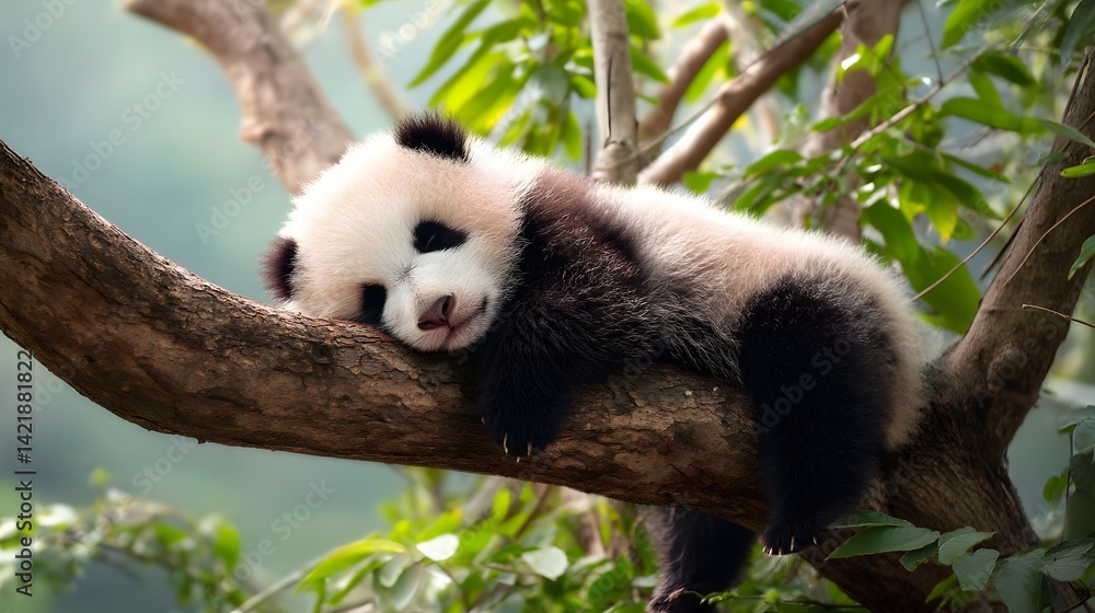 Obraz premium A baby panda sleeping soundly on a tree branch surrounded by green leaves in a natural habitat scene