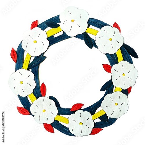 Colorful Flower Wreath Design Featuring White Flowers and Green Leaves on a Vibrant Background Representing Spring Decor