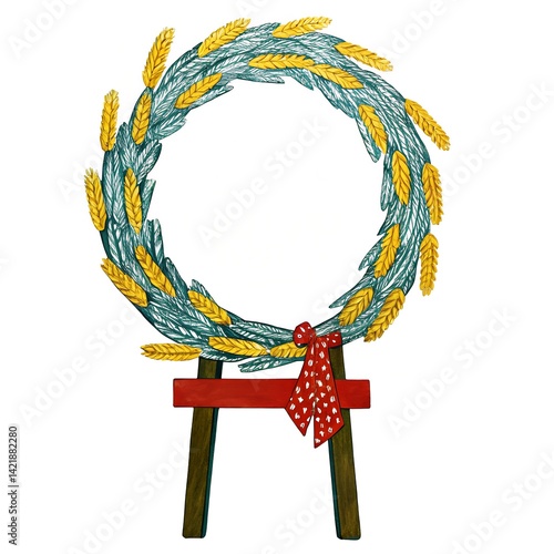 Decorative wheat wreath with a festive red ribbon displayed on a rustic stand, symbolizing harvest celebration and seasonal decor.