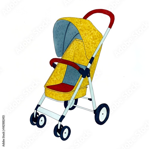 Stylish yellow stroller with red accents on a white background representing convenience and parenting essentials for families.