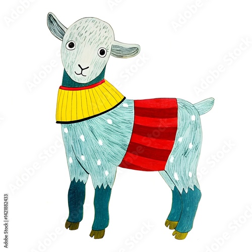 Playful illustrated goat wearing a colorful striped sweater stands against a white background, representing whimsy and creativity in animal art.