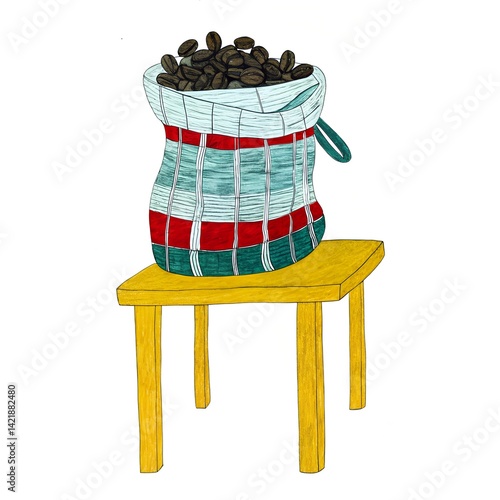 Decorative sack of coffee beans overflowing on a yellow wooden table, vibrant colors, representing warmth and comfort of freshly brewed coffee.