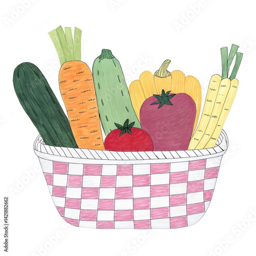 Colorful basket of fresh vegetables including cucumbers, carrots, peppers, and more, showcased with a checkered pattern, representing health and nature's bounty.
