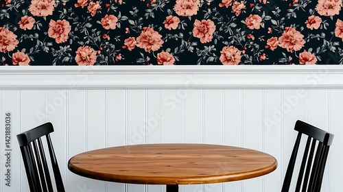 Interior scene featuring wooden table, chairs, floral patterned wallpaper, and white paneling for a visually appealing room design.