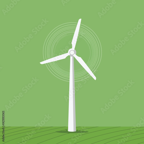 Wind turbine energy generation illustration on green background with rotating blades vector design