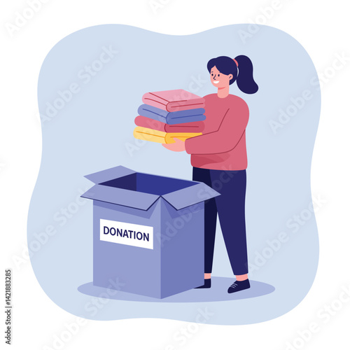 Woman carrying folded clothes for donation box charity and goodwill concept illustration 