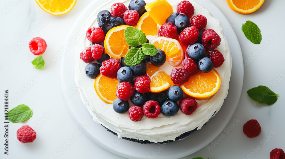 Luxurious gourmet cake adorned with fresh berries, citrus slices, and fragrant mint leaves, perfect for upscale events and dessert enthusiasts on white background. Luxurious gourmet cake adorned with fresh berries, citrus slices, and fragrant mint leaves, perfect for upscale events and dessert enthusiasts on white background.