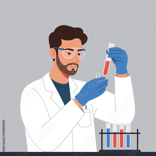Scientist conducting chemical experiment with test tubes and laboratory equipment vector illustration 
