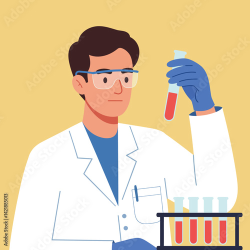 Male Scientist Wearing Lab Coat and Protective Glasses Holding Test Tube in Laboratory Vector Illustration
