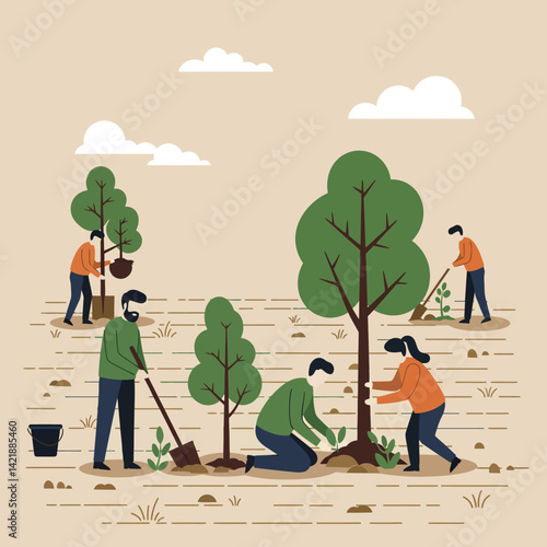 Group of people planting trees in community garden with green nature elements and cloudy sky vector illustration 
