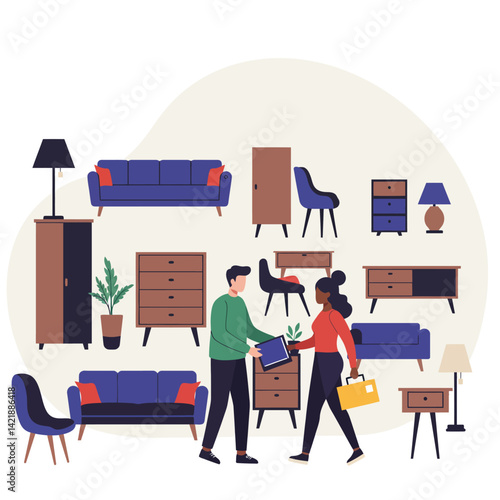 Modern living room furniture set with blue sofas and wooden cabinets in vector illustration