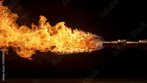 A large flame emanating from the nozzle of a device, likely depicting a flame thrower or similar equipment against a dark background. Concept Flamethrower Art, Fiery Effects