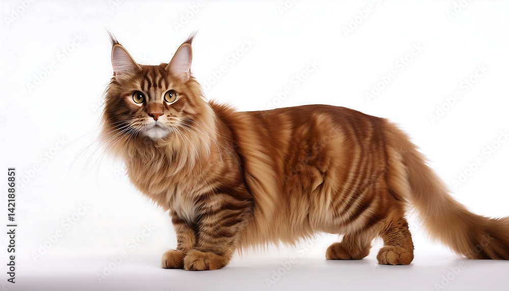Fototapeta premium Striking Studio Portrait of a Red Maine Coon Cat Against a White Background