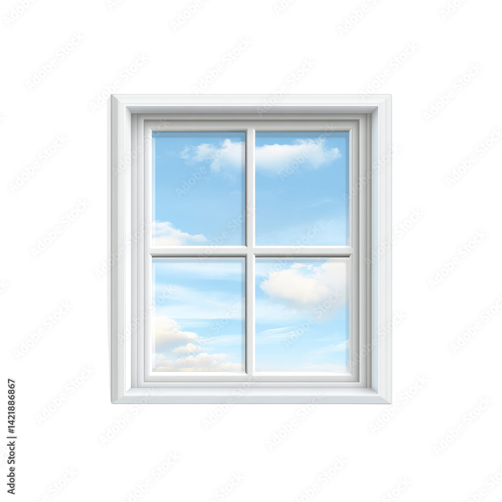 White Window Frame with Blue Sky and Clouds View White Window Frame with Blue Sky and Clouds View