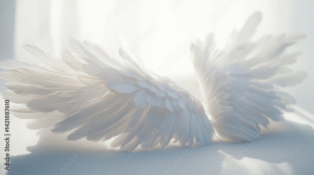 Naklejka premium Soft, fluffy white angel wings resting gently on a white surface, with intricate feather details.