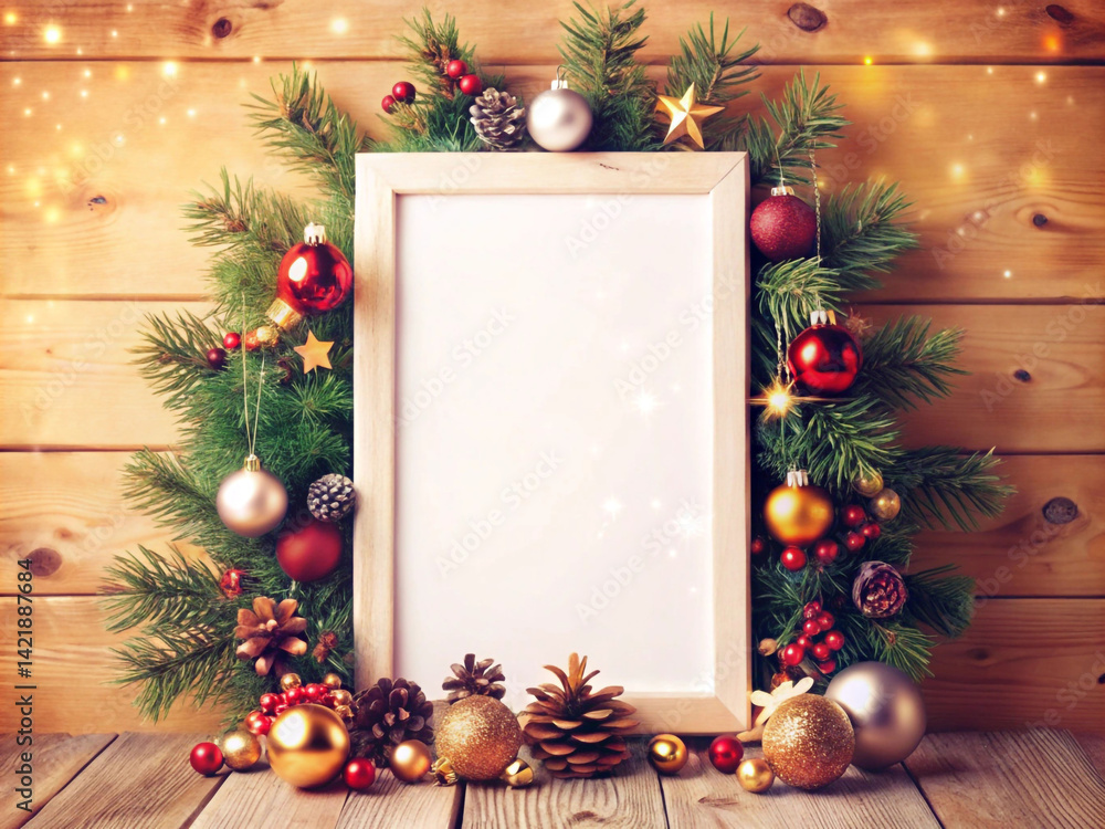 Obraz premium photo frame mockup, christmas greeting card with christmas tree