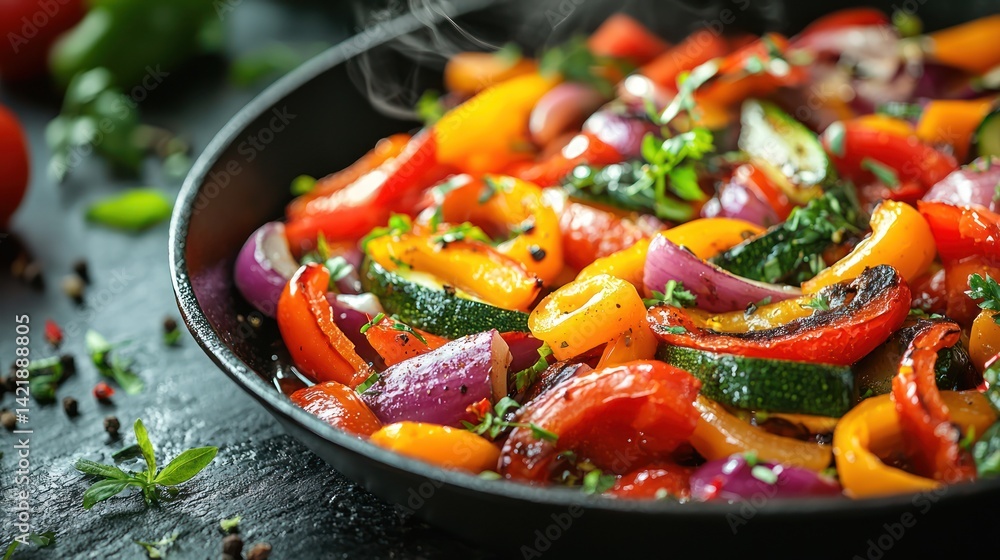 Saut?ed bell peppers, zucchini, and onions in a pan. Healthy vegetarian meal Saut?ed bell peppers, zucchini, and onions in a pan. Healthy vegetarian meal