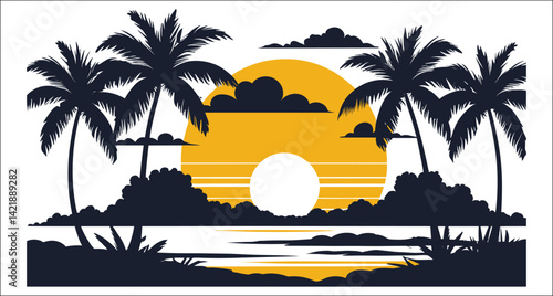 Vector Silhouette Landscape Of Palm Trees At Tropical Sunset Beach