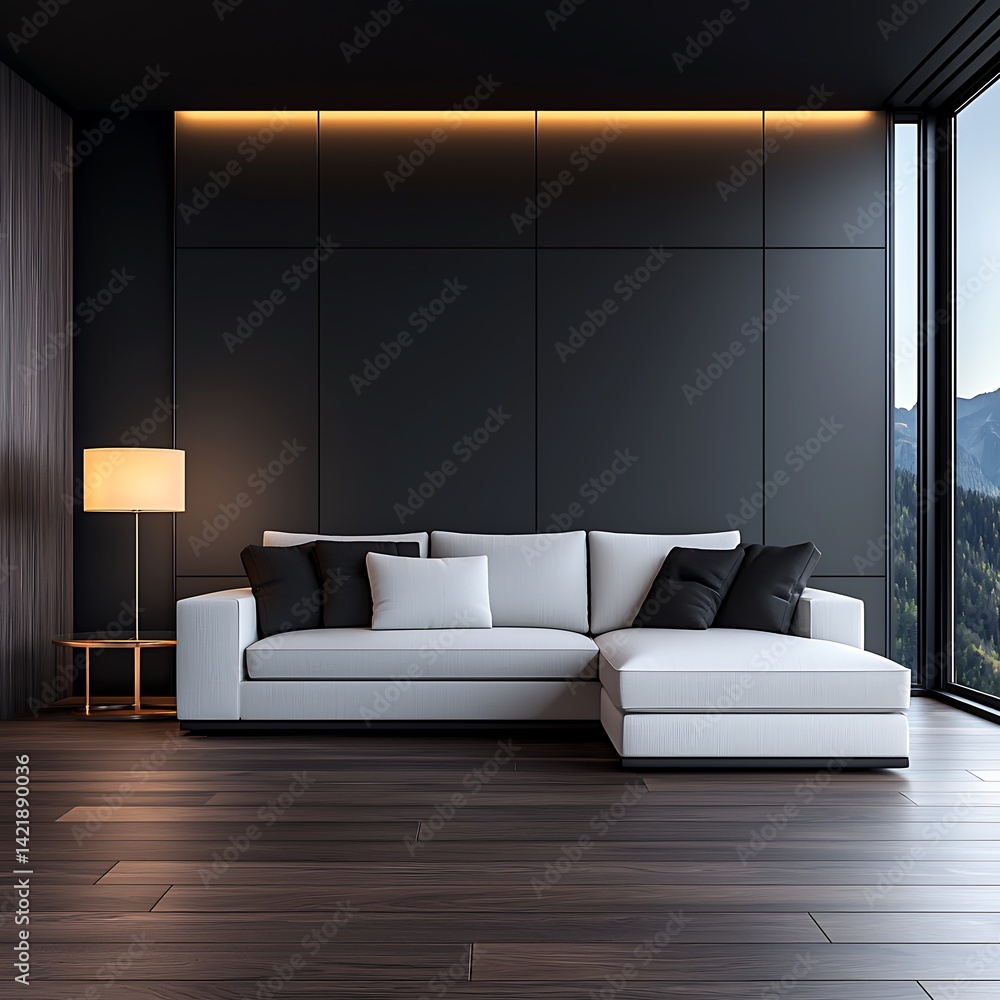 Minimalist Interior Design: Elegant White Couch with Black Accents in a Modern Room with Mountain View.