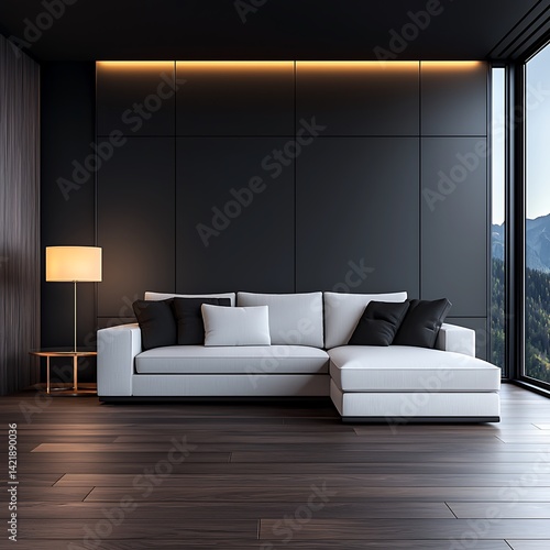 Obraz na płótnie Minimalist Interior Design: Elegant White Couch with Black Accents in a Modern Room with Mountain View. w salonie