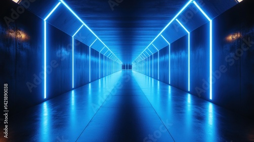 Futuristic Neon Blue Corridor: A Glowing Digital Tunnel