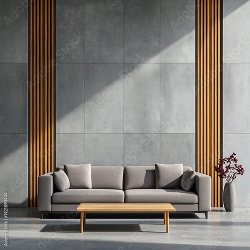 Obraz na płótnie Minimalist Interior Design: Modern Sofa, Concrete Wall, and Wooden Accents Creating a Serene Living Space, Bright Light. w salonie