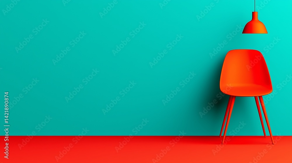 Minimalist interior design showcasing bright orange chair and lamp against turquoise backdrop for creative presentations and artistic inspiration.