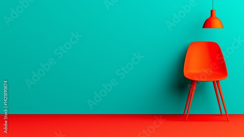 Obraz na płótnie Minimalist interior design showcasing bright orange chair and lamp against turquoise backdrop for creative presentations and artistic inspiration. w salonie
