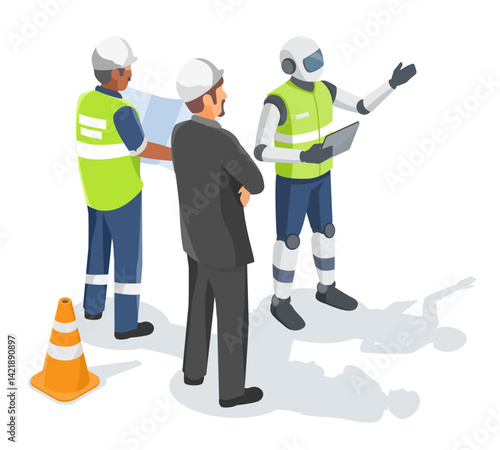 ai work together Artificial intelligence robot presenting construction site plans and collaborating with engineers and project managers to support decision-making and improve workflow efficiency