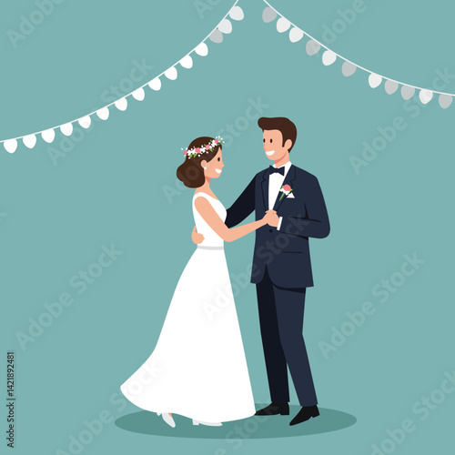 Bride and groom dancing at wedding celebration with string lights and floral headpiece in romantic style 