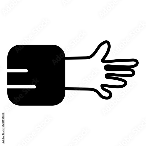 Solid form presents robotic hand or prosthetic. Solid fingers extend from filled palm connected to boxy wrist. Design evokes synthetic limb, developed technology, or bionic augmentation.
