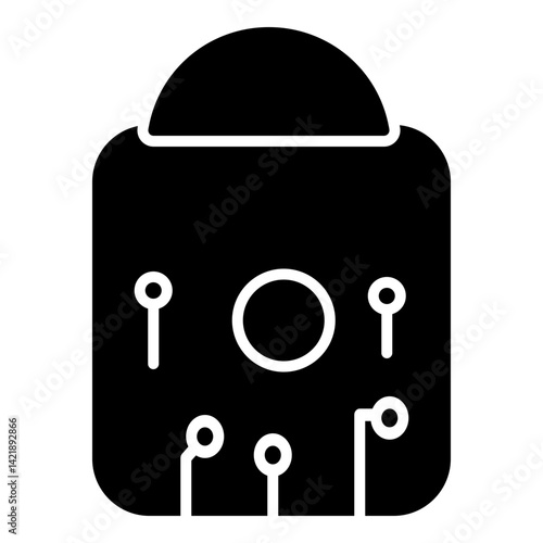 Solid form presents padlock fused with technology. Solid circuits extend around central circle, joining nodes, showing developed or synthetic security. Design evokes electronic protection, digital int