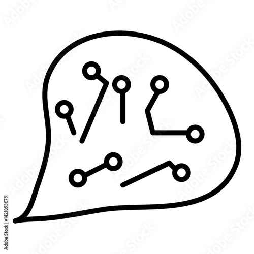 Line art presents speech bubble containing technology. Circuits extend within form, connecting nodes, suggesting futuristic or artificial communication. Design evokes electronic message, digital inter